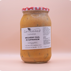 Wegański dal ze szpinakiem w słoiku 900 ml, gęsta zupa z soczewicy z dodatkiem szpinaku i przypraw