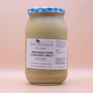 Wegański krem z groszku i mięty w słoiku 900 ml, zupa krem wegańska z zielonego groszku