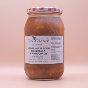 Wegańska zupa flaczki z boczniaka w pomidorach w słoiku 900 ml, bezmięsna zupa wegańska z boczniakami