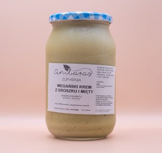 Wegański krem z groszku i mięty w słoiku 900 ml, zupa krem wegańska z zielonego groszku