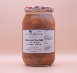 Wegańska zupa flaczki z boczniaka w pomidorach w słoiku 900 ml, bezmięsna zupa wegańska z boczniakami